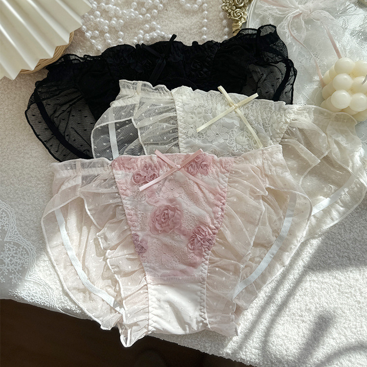Dream Fangfei-New Style Heavy Industry Three-Dimensional Rose Pot Dot Mesh Breathable Soft Waxy Ruffled Girls' Underwear