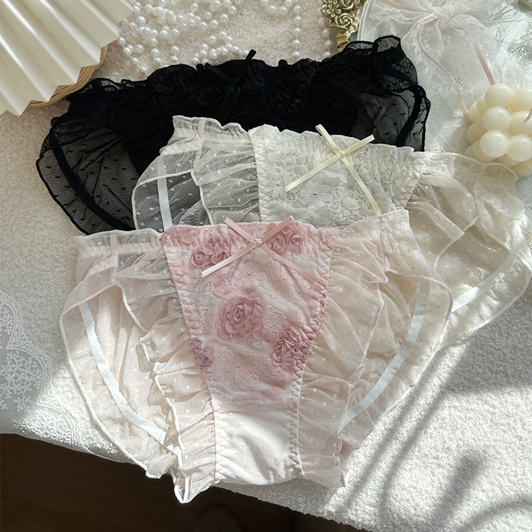 Dream Fangfei-New Style Heavy Industry Three-Dimensional Rose Pot Dot Mesh Breathable Soft Waxy Ruffled Girls' Underwear