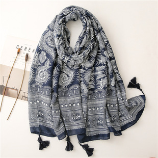 Exotic Retro Ethnic Style Blue and White Porcelain Square Circle Silk Scarf Long Braid Whisker Scarf Cotton and Linen Hand Scarf