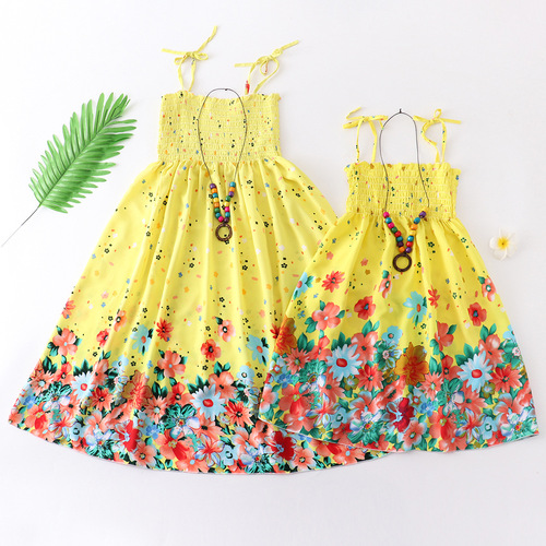 Summer Cotton Satin Parent-Child Dress Bohemian Children's Tank Dress Mother and Daughter Vacation for Older Children Princess Dress