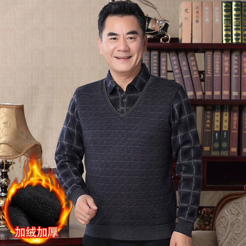 Свитер для папы среднего и пожилого возраста, мужской утолщенный искусственный топ из двух частей на флисовой подкладке, Мужская зимняя новая трикотажная теплая одежда