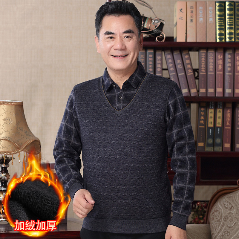 Middle-aged and elderly dad's sweater men's fleece-lined thickened fake two-piece top men's winter New knitwear warm clothes Middle-aged and elderly dad's sweater men's fleece-lined thickened fake two-piece top men's winter New knitwear warm clothes