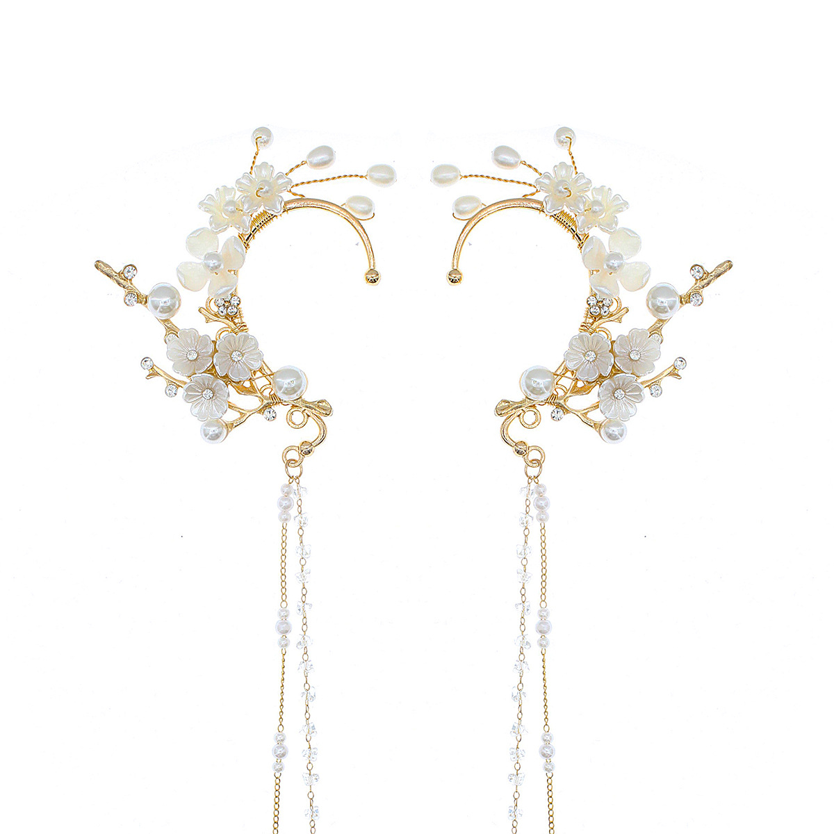 Bridal Ear Cuff Handmade Hair-Tugging Ear Hook New Chinese Style Hanfu Ethnic Style Crystal Pearl Non-Pierced Tassel Earrings