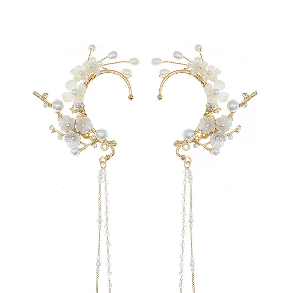 Bridal Ear Cuff Handmade Hair-Tugging Ear Hook New Chinese Style Hanfu Ethnic Style Crystal Pearl Non-Pierced Tassel Earrings