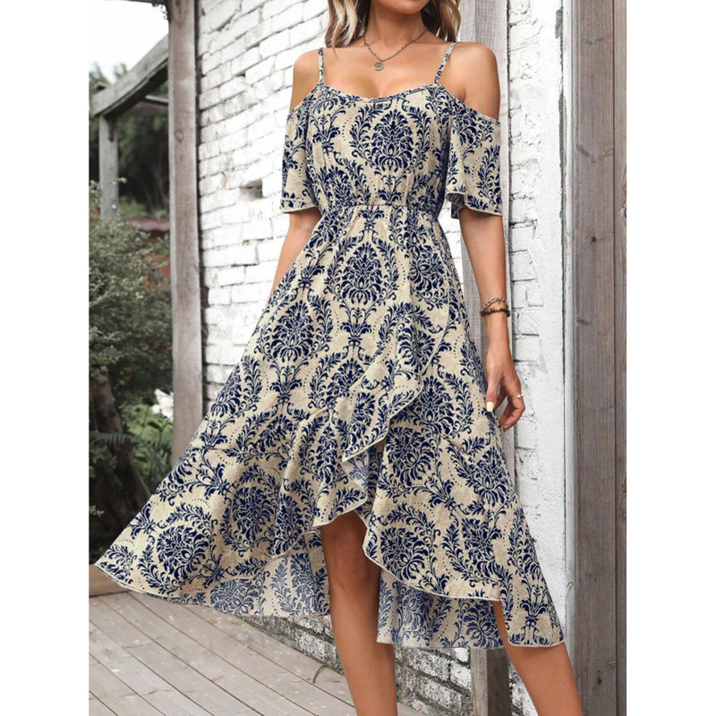 Cross-border foreign trade Europe and the United States 2024 summer new VCAY full-body printing shoulder ruffled hem dress