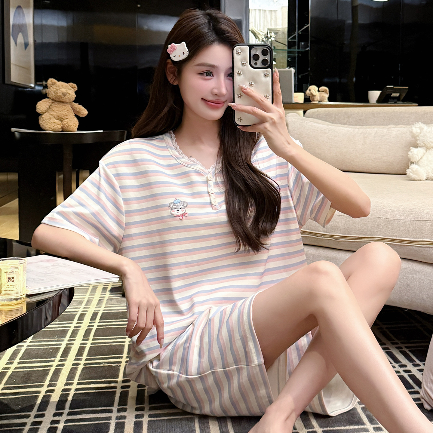 夏季新款短袖短裤仿棉睡衣女大学生网红带纽扣甜美薄款套头家居服