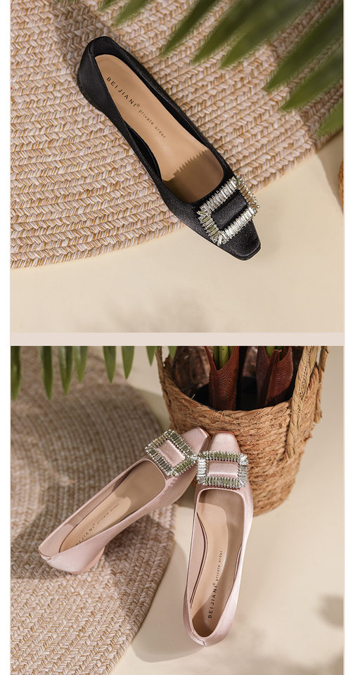 Giày búp bê nữ mũi vuông lụa satin đính đá khóa vuông, đế bệt gót thấp — Màu hồng nhạt, Màu xám bạc, Màu đen, Màu đỏ chi tiết 17