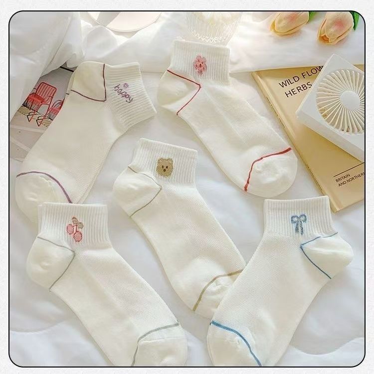 Blanco dibujos animados osos arco calcetines de mujer barril corto de verano delgado in-mode versátil lindos calcetines transpirables