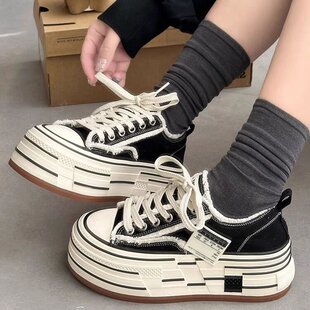 Niche Thick-Soled Black Beggar Canvas Shoes for Women 2025 Spring and Autum New Thick-Soled Platform Shoes Versatile Casual Sneakers