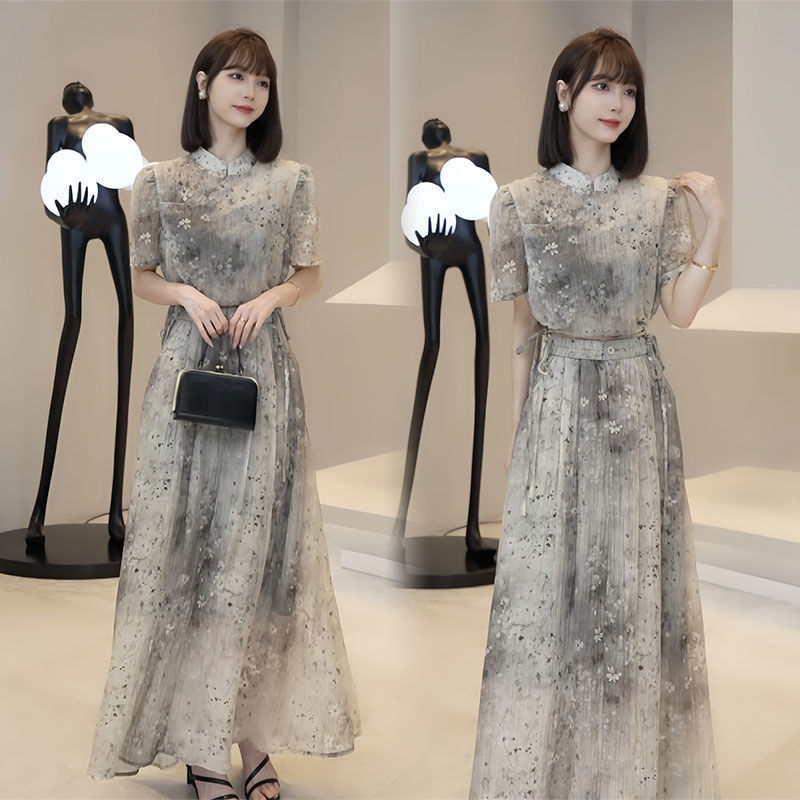 新しい中国風のファッションスーツ女性のための 2025 夏の新しい国民風プリントトップ気質ハーフレングススカート 2 点セット|undefined