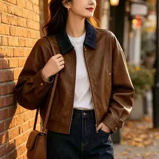 秋季新款复古翻领PU皮衣女短款外套休闲百搭显瘦小个子机车夹克