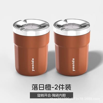 car and home use, featuring a rotating closure | Car ashtray - sunset-orange-rotating-lid-ceramic-inner-pot-2-pack