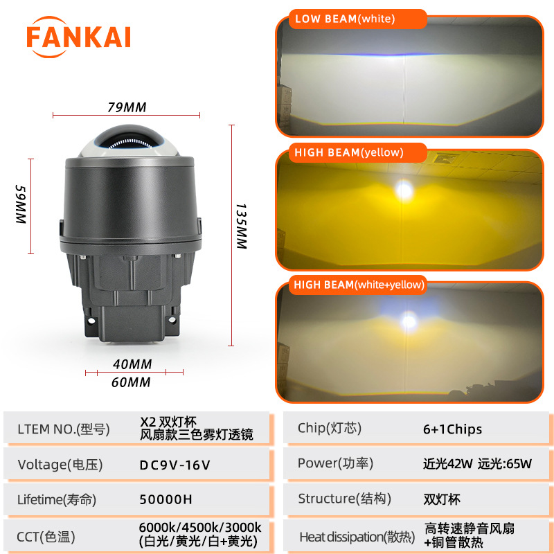3.0 pulgadas transfronterizas X2 doble copa de luz LED tricolor amarillo blanco amarillo pálido lente de niebla 65W lente de niebla de alta potencia