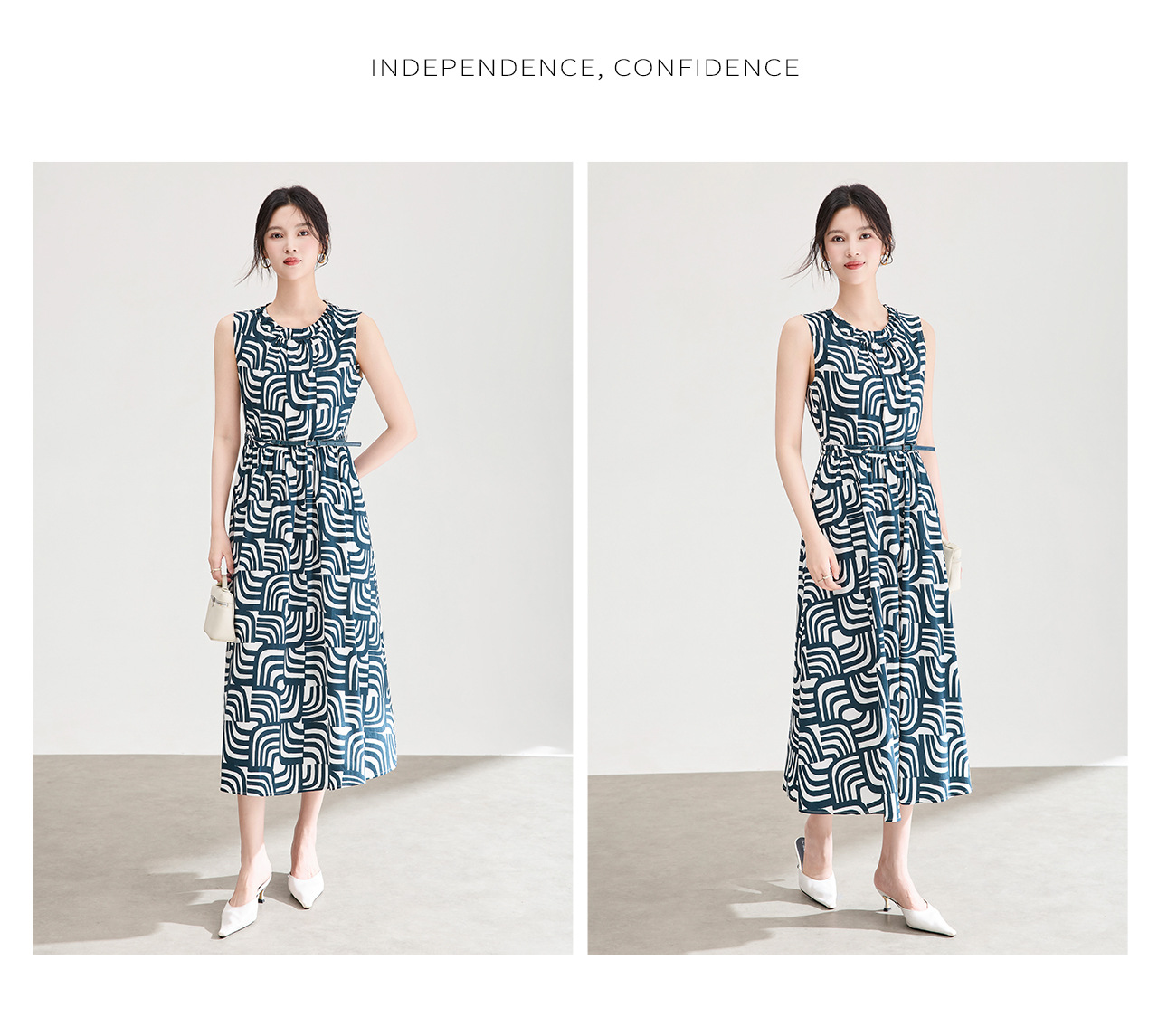 Đầm cotton in họa tiết hình học kẻ ô thắt eo không tay — In hình học chi tiết 13