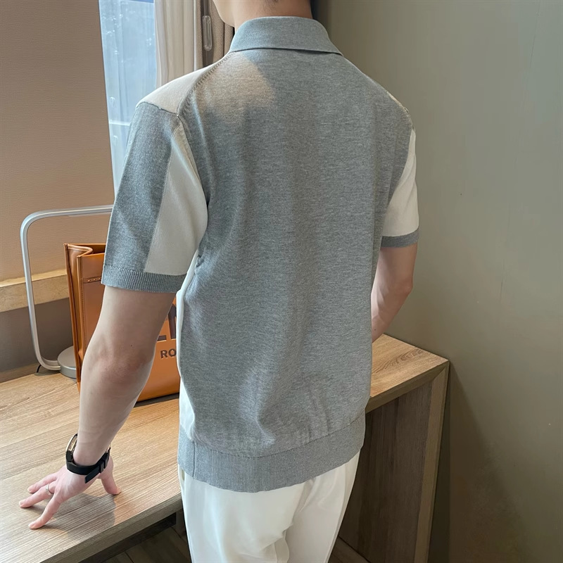 Men's Slim-Fit Color-Block Polo Shirt – Breathable V-Neck Knit Tee (Lightweight, Stretch, Business Casual)​_viptrois.com