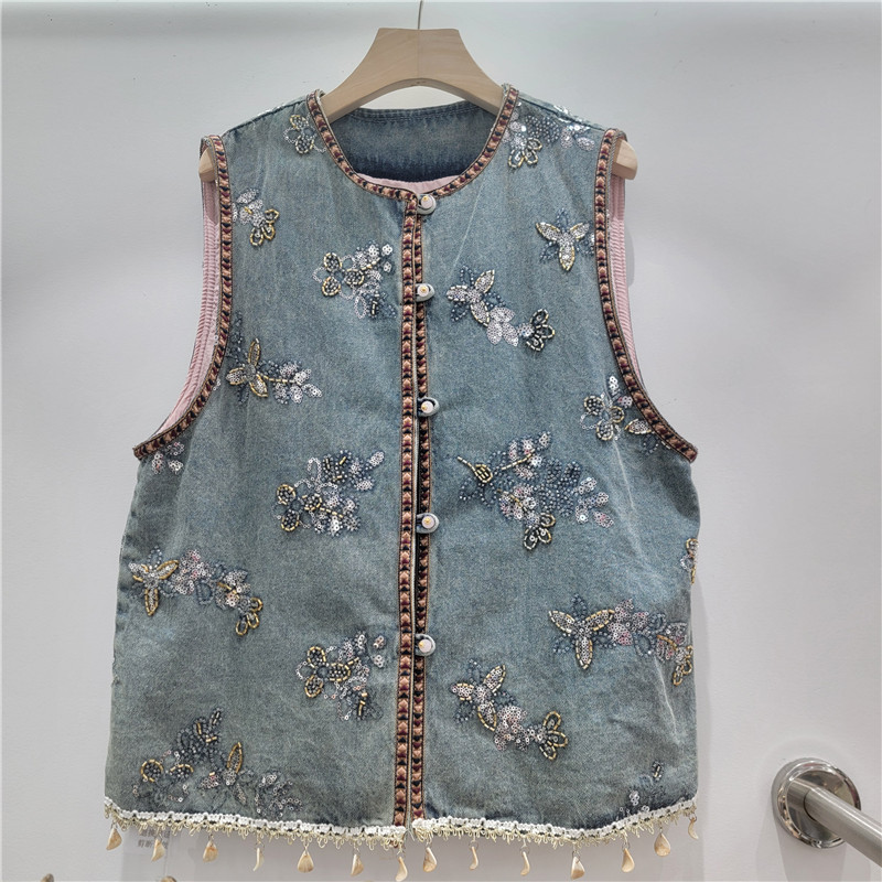 Bohemia conchas bordadas chaleco de vaquín mujer 2026 primavera y verano industria pesada bordada sequilla retro clip de hombro de viento image 1