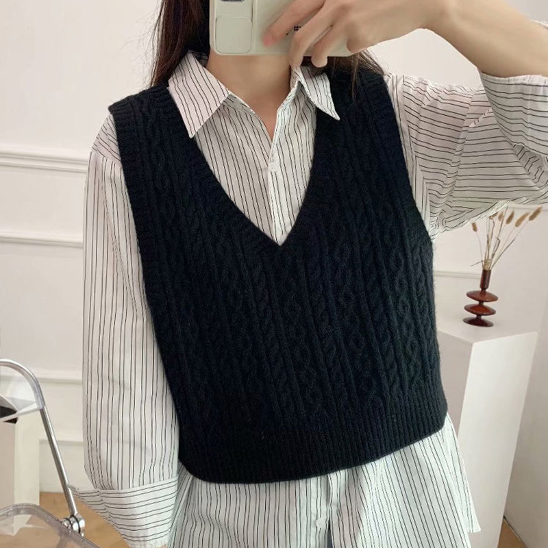 Otoño 2023 chaleco de punto con cuello en v retro de las mujeres apiladas a juego flojo estilo perezoso patrón de lino suéter corto image 4