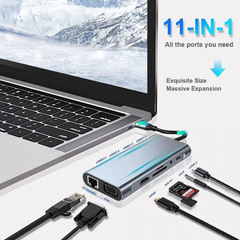Док-станция Type-C для 100 М Wi-Fi, 11-в-1, для мобильного телефона и ноутбука, USB-интерфейс-расширитель