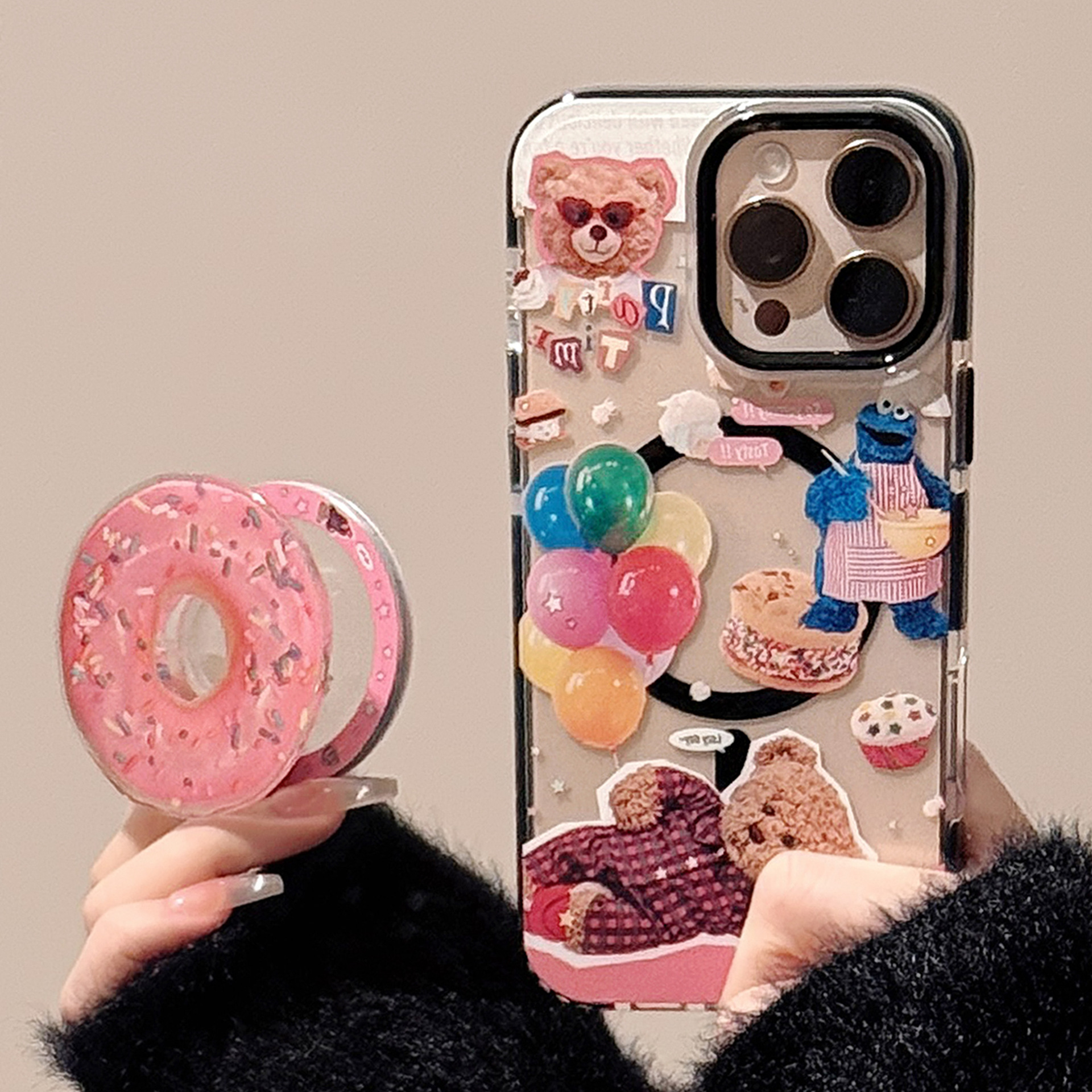 Funda magnética transparente para iPhone 17, estilo Donut Stand 16 Pro Max, adecuada para niños, diseño de oso infantil, funda suave para iPhone 13/14
