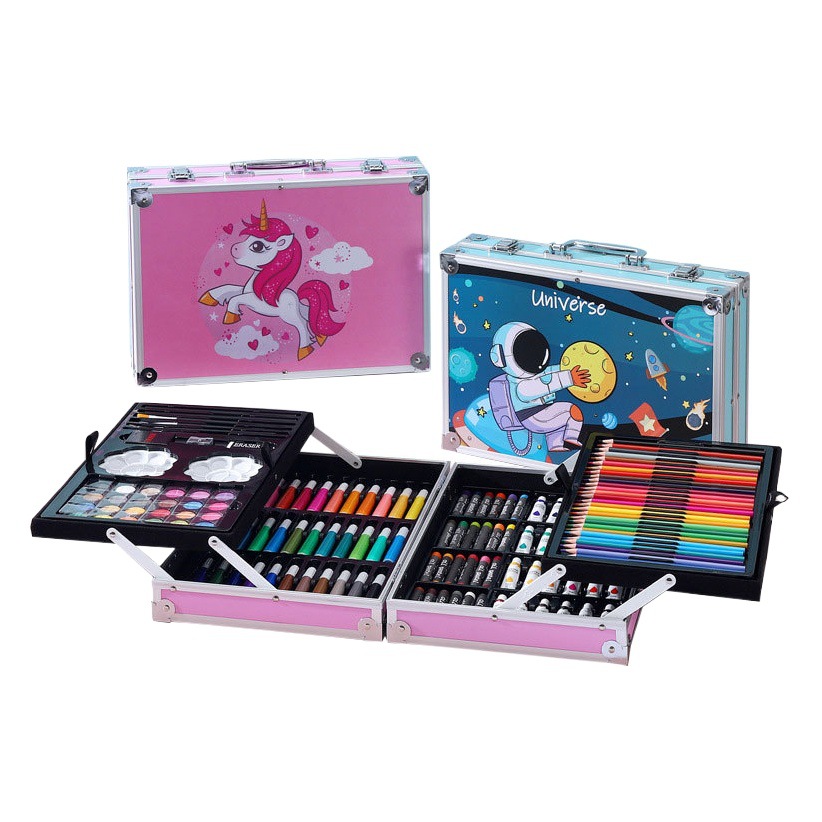 Caja de aluminio de doble capa de 145 piezas Traje de pintura de acuarela para niños Caja de regalo Herramienta de pincel de arte para estudiantes