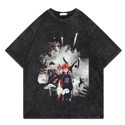 Water-wash Retro T-shirt Street Hip-hop Anime Haikyu Shonen Cartoon Print Graphic Casual Cotton Short Sleeve