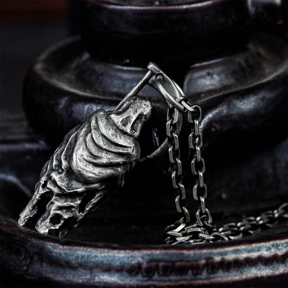 Gothic Grim Reaper Scythe Pendant Necklace For Men In Dark Style_voghion.com