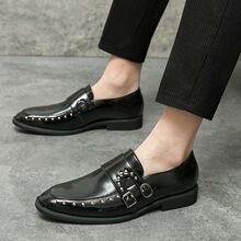 Large size47跨境大码尖头亮面双针扣皮鞋男英Genuine Leather