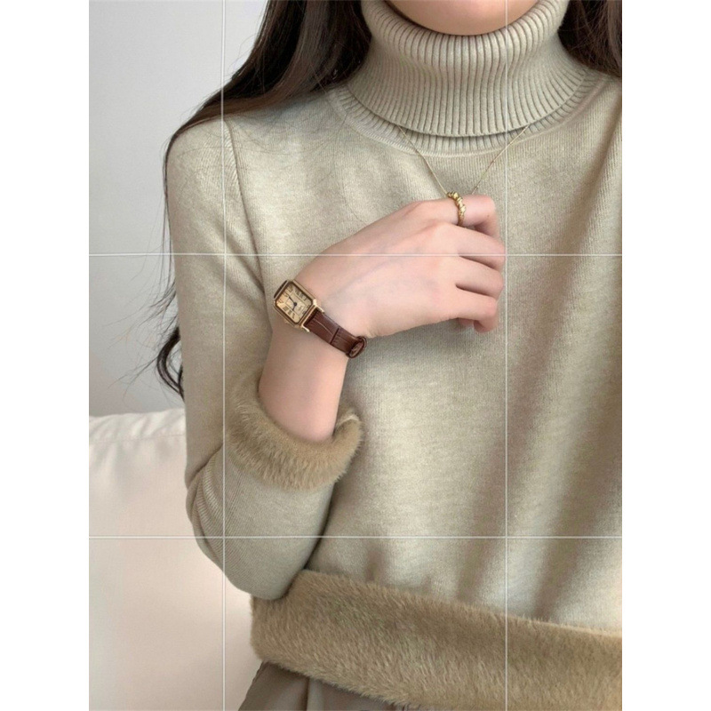 Fleece-Lined and Thickened Integrated Fleece Top, Autumn and Winter Ribbed High-Neck Long-Sleeve Khaki Sweater, Knitted Warm Base Layer