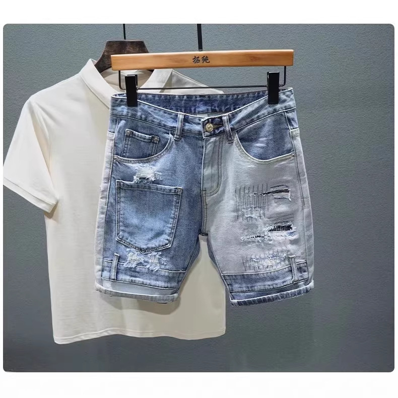 Summer Light Blue Personalized Ripped Denim Shorts with Whisker Patches and Trim, Slim Fit Men's Fashion Trendy Five-Point Pants Summer Light Blue Personalized Ripped Denim Shorts with Whisker Patches and Trim, Slim Fit Men's Fashion Trendy Five-Point Pants