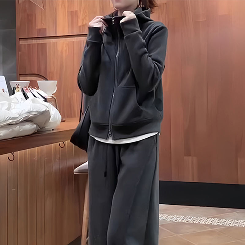 韩版女装时髦洋气套装春秋高腰灰色阔腿裤运动开衫卫衣两件套|undefined