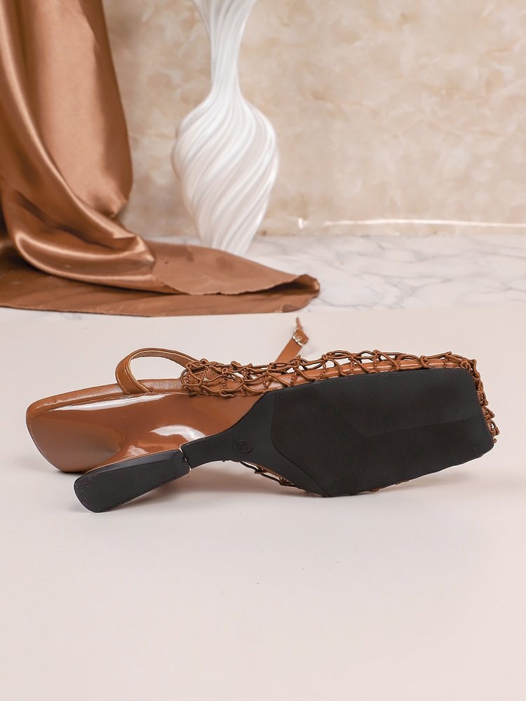 2026 New Brown Mesh Special-shaped Heel Sandals Square Head Buckle Low-heeled Women's Shoes_vogvips.com