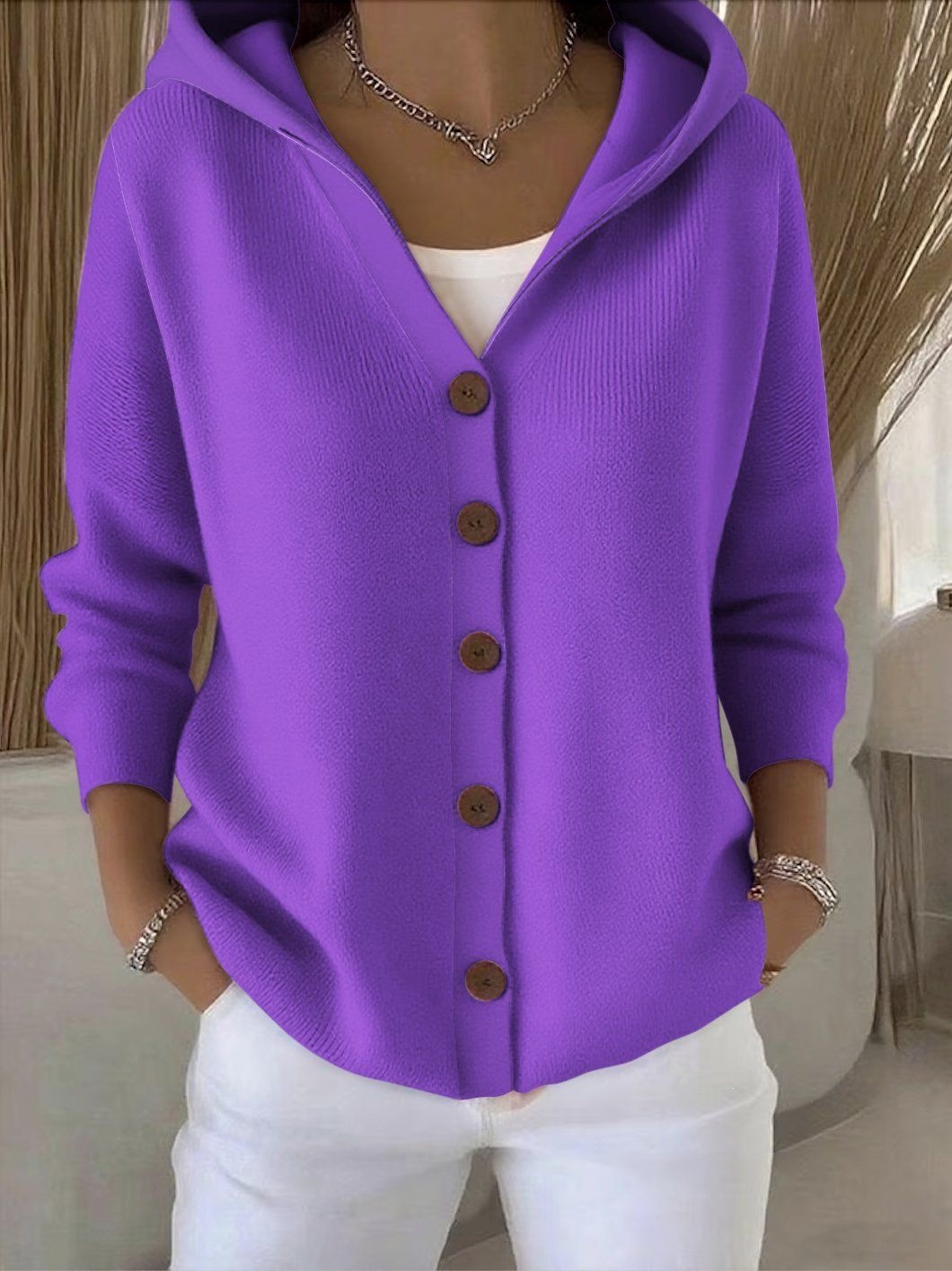 2025 Europa y los Estados Unidos botones de punto con capuchón suéter cardigan nuevo otoño y invierno transfronterizo de color sólido casual moda de mujer