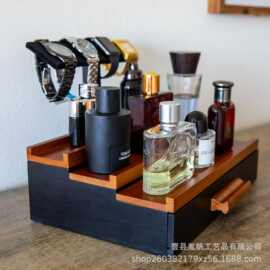 木质古龙香水多层置物架内置抽屉收纳盒手表展示架阶梯式整理架