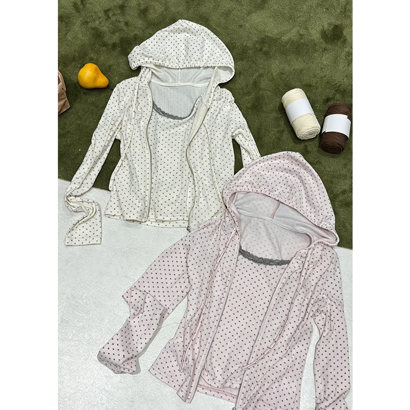 Rainbow Thirteen Lines Pure Desire Hot Girl Outfit for Women 2026 Autumn Polka Dot Hooded Cardigan Lace Camisole Two-Piece Set