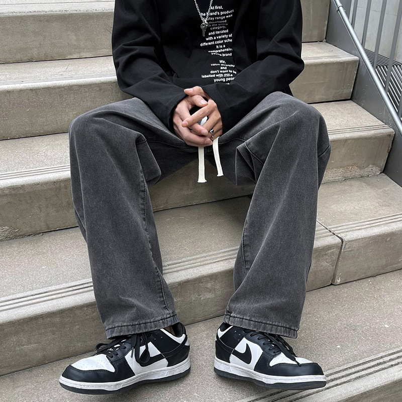 Trendy Work Jeans American Retro Washed Straight Long Pants Versatile Loose Affordable Wide-Leg Pants for Men