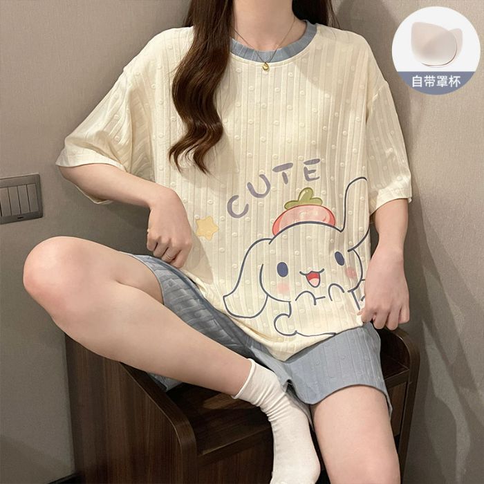 Transfronterizo mayorista con cojín de pecho pijama de verano de dibujos animados dulce estudiante manga corta suit suelto se puede usar ropa de hogar