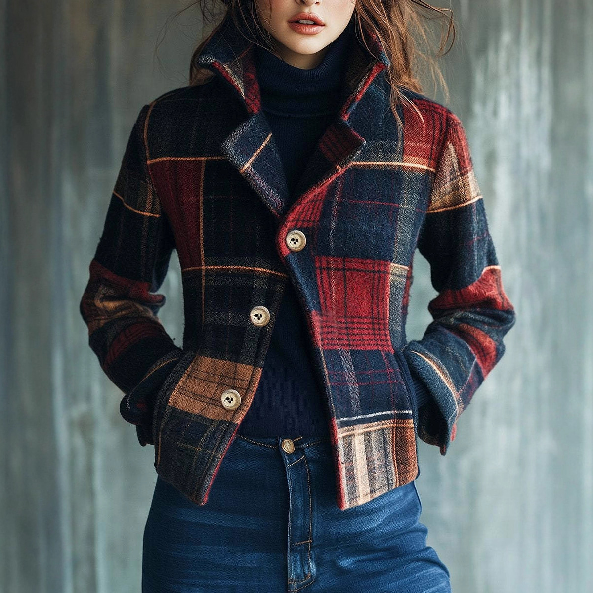 2025 European And American Women's Fashion Independent Station Plaid Retro Warm Autumn Winter Stand Collar Patchwork_ecoleips.com