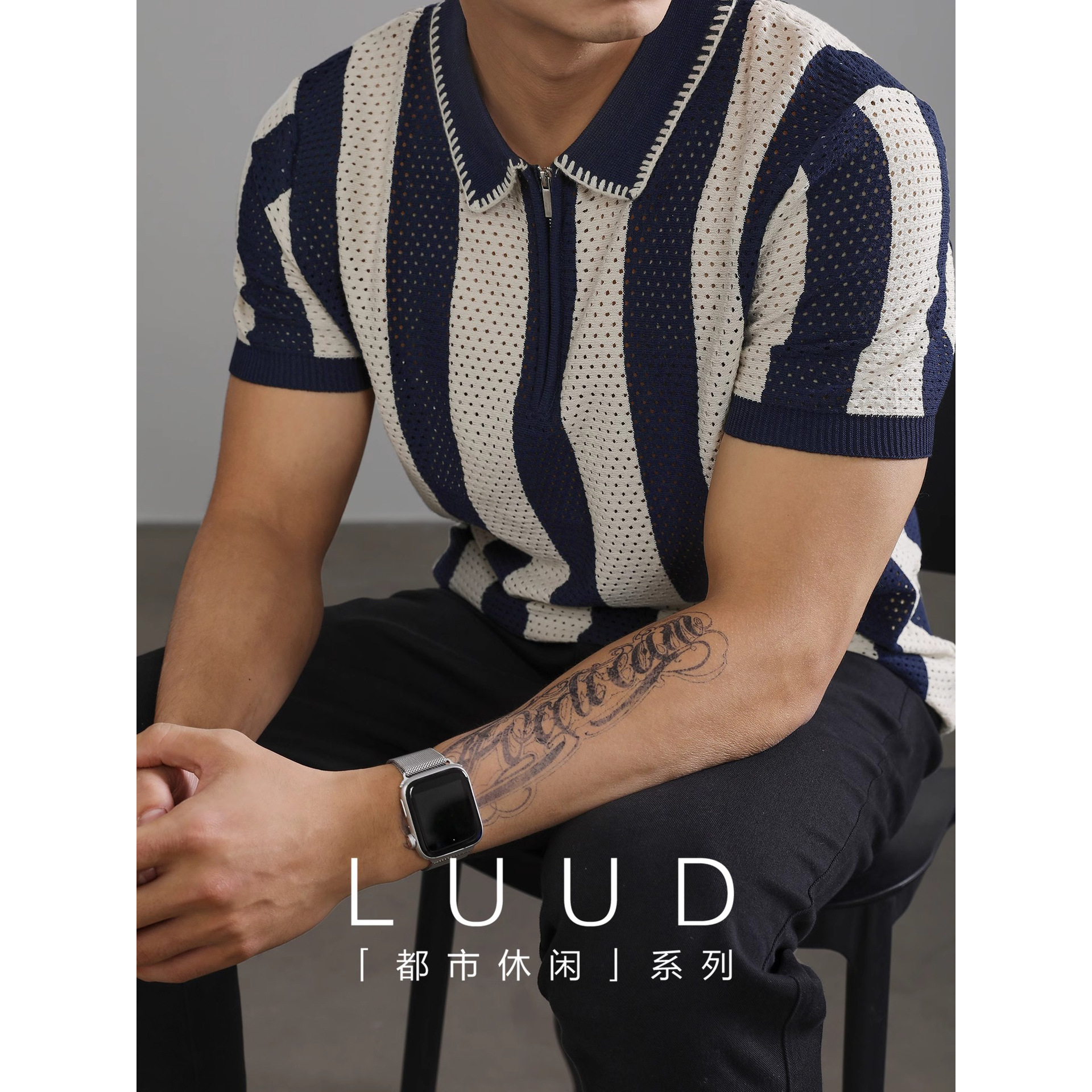 POLO camisa solapa suéter de manga corta hombres rayas huecas media cremallera negocios británicos verano comercio exterior transfronterizo al por mayor