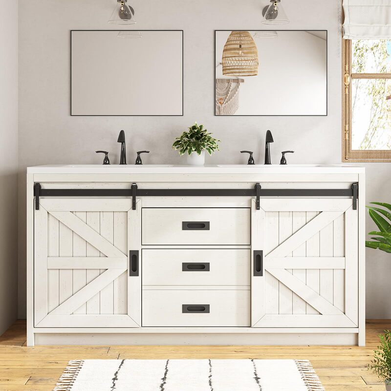 Double Sliding Barn Door Bathroom Sink Cabinet, Double Basin Floor-Standing Sink Cabinet in White, Basin Not Included