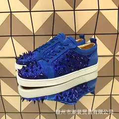 Cl andgz Men's Blue Suede Studded Rhinestone Low-Top Red Sole Sneakers Couple's Casual Shoes Blue