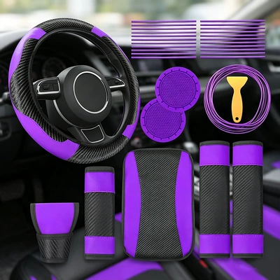 Car interior all-season breathable armrest box protective pad, steering wheel cover, two-tone leather armrest pad, car interior accessories (Steering wheel cover) - purple-one-size-fits-all