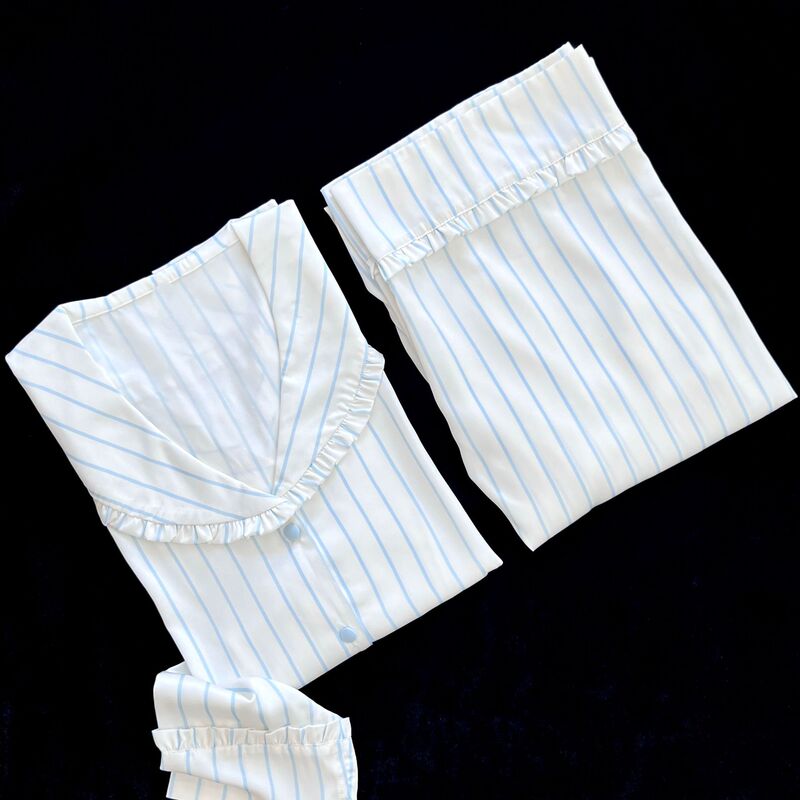 【Sea Salt Coconut Milk】Autumn and Winter Korean Style Age-Reducing Satin High-End Blue Striped Doll Collar Design Pajamas 【Sea Salt Coconut Milk】Autumn and Winter Korean Style Age-Reducing Satin High-End Blue Striped Doll Collar Design Pajamas
