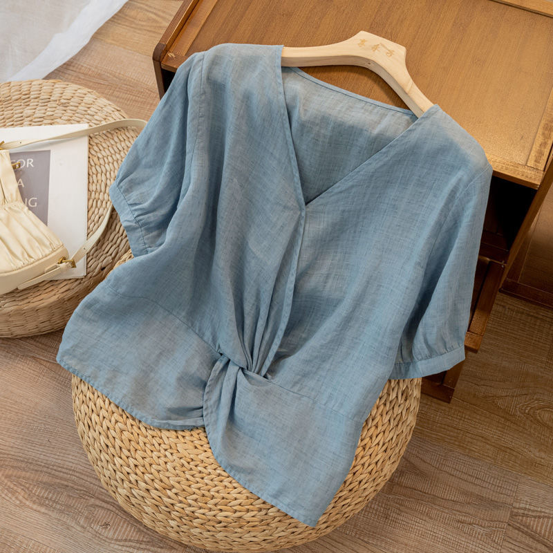 French Short-Sleeved Thin Ramie Top for Women Summer New Retro Cotton and Linen Shirt with High-End Niche Design
