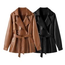 皮衣女中长款风衣系带收腰春秋洋气2025海宁新款宽松韩版时尚外套