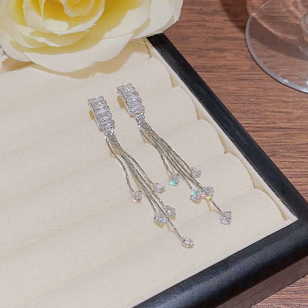 Серьги из серебра 925 пробы, Tassel из циркония, длинная легкая подвеска