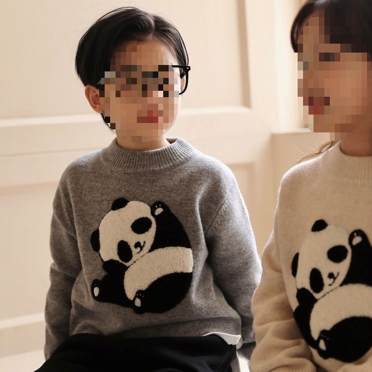 儿童毛衣针织衫男童上衣卖萌熊猫提花秋装女童打底衫灰色米色现货