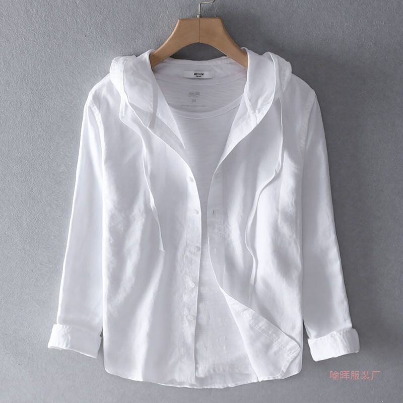 Spring and Autumn New Style Hooded Long-Sleeve Solid Color Linen Shirt for Trendy Men, Thin and Loose-Fitting, Fashionable Cotton-Linen Sun-Protection Shirt for Young People