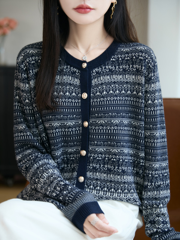 浪漫复古提花针织开衫女春秋季圆领长袖毛衣外套宽松减龄色彩上衣|undefined