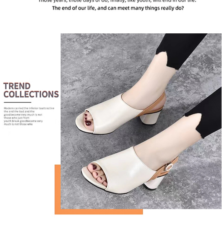 Sandal nữ quai ngang da mềm mũi hở gót vuông phong cách La Mã — Màu be chi tiết 11