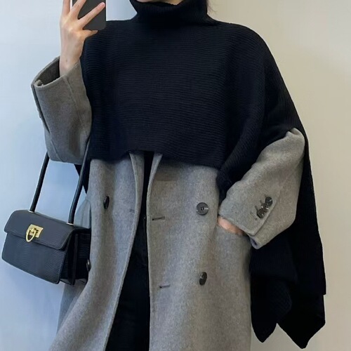 New knitted cape top—autumn and winter outerwear, Korean-style high-neck cape shawl, knitted waistcoat, solid-color pullover.